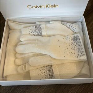 Calvin Klein Ivory Knit Glove, Hat, and Scarf Set with Sparkle Detail